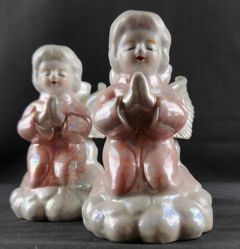 Vintage Pair (2) Ceramic Praying Cherub 5" Kneeling Praying Angels Candle Holder - Picture 8 of 9