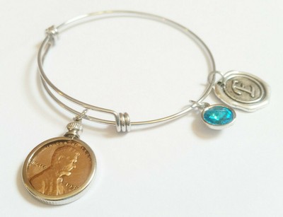 60th Birthday Gift 1961 US Penny Birthstone Initial Bracelet
