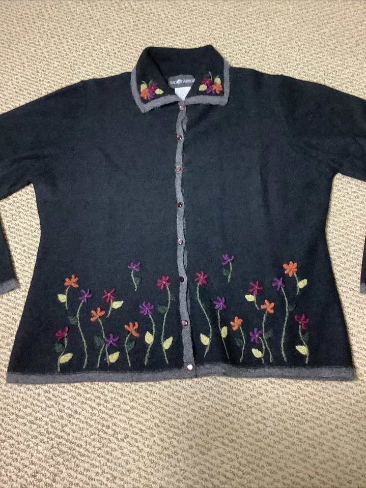 SAG HARBOR Black w/crochet flowers Wool/Mohair Button Down Cardigan | Size Large - Image 2 of 4