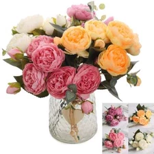 9 Heads Artificial Silk Peony Flower Wedding Bouquet Party Outdoor Home Decor US