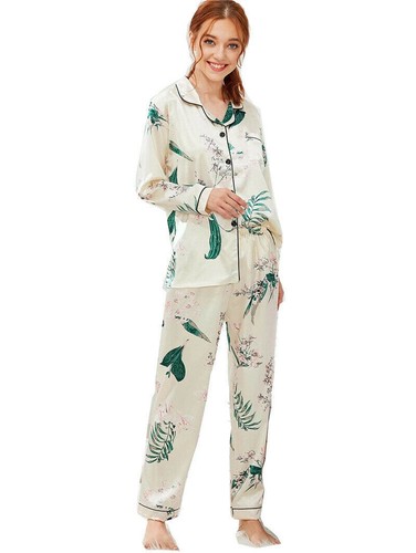 Women's Satin Pajama Set Long Sleeve Button Sleepwear 2-Piece Lounge Set - Picture 15 of 23