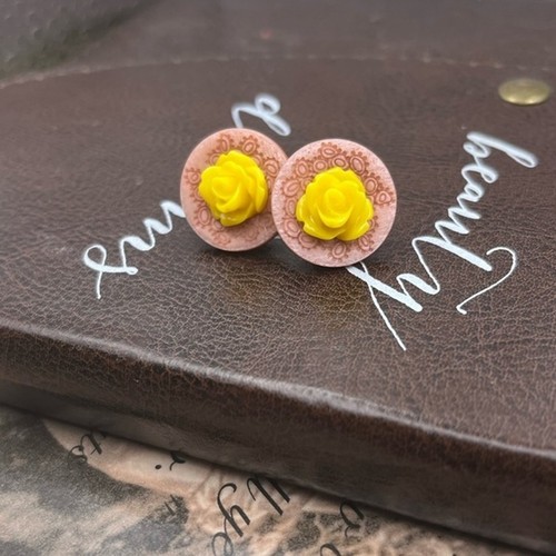 Handmade Yellow Rose Pink Button Earring Studs Unique - Picture 2 of 10