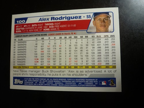 2004 Topps Alex Rodriguez #100, NM Texas Rangers - Picture 2 of 2