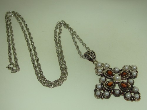 LOVELY VINTAGE ROSS SIMONS STERLING GARNET & FRESHWATER PEARL PENDANT NECKLACE! - Bild 1 von 11