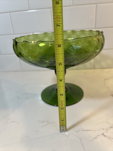 Vintage Empoli Glass Avocado Green Footed Compote Candy Dish  Optic 6.25” Tall - Picture 3 of 5