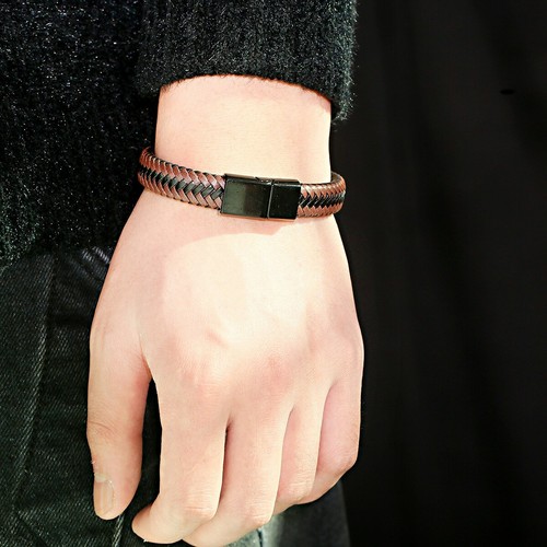 2 Pcs Men's Stainless Steel Clasp Cuff Leather Braided Bangle Jewelry Wrist Band - Picture 29 of 77