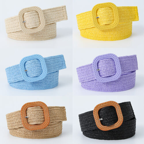 Elastic Braided Belt PP Grass Woven Belt Square Buckle DIY Cotton Linen Style US - Picture 1 of 24