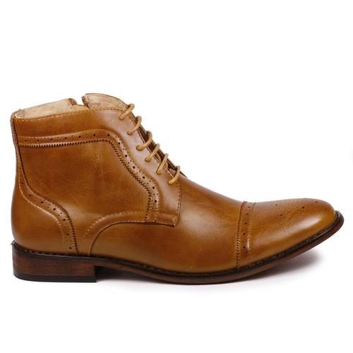 Tan Brown Men's Lace Up Side Zipper Cap Toe Fashion Casual Dress Boot - Picture 2 of 6