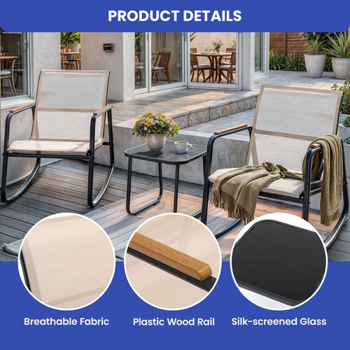 3-Piece Rocking Chair Bistro Set Metal Patio Outdoor Furniture Wood Coffee Table - Picture 4 of 11