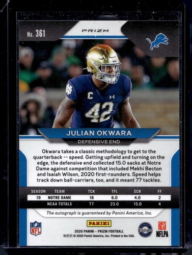 2020 Prizm Football JULIAN OKWARA Pink Prizm Rookie Auto 361 RC Lions Notre Dame - Bild 2 von 2