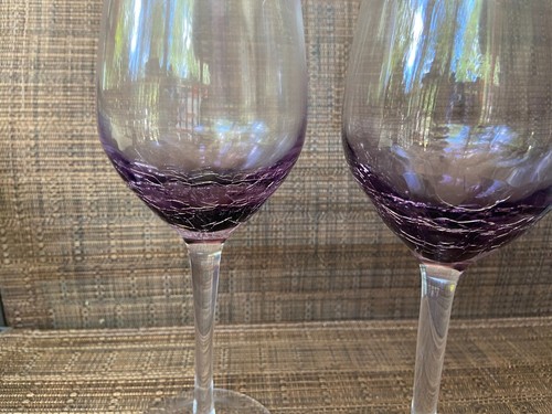 2 Pier 1 Purple Crackle Glass White Wine Glasses 8 7/8" - Picture 2 of 3