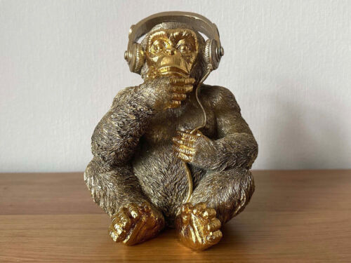 DJ Monkey Ornament Headphones Brushed Gold Quirky Home Decoration Resin 17cm - Picture 1 of 8