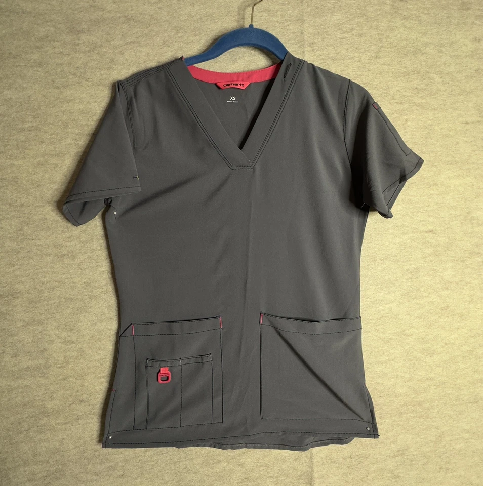 Carhartt Scrub Top Womens Gray XS Medical Wear Pink trim - Image 2 of 4