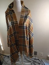 Pashmina Scarf Wrap 100% Lambswool Beige Plaid Fringe Preppy Classic
