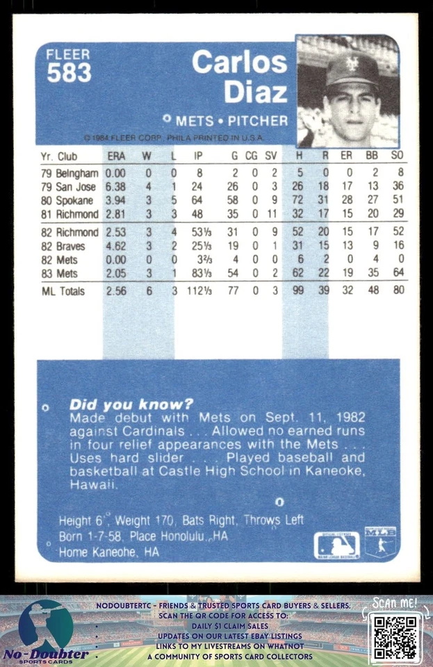 1984 Fleer #583 Carlos Diaz New York Mets 84FB - Image 2 of 2