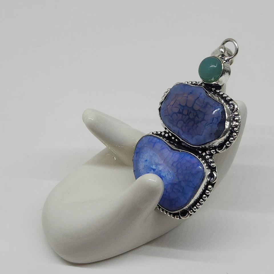 Colgante de ágata azul y aventurina verde en plata de ley con cadena de 20" Foto 3 de 4