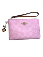 NWT COACH CEF72 Corner Zip Wristlet Signature Canvas with Charm Gold Powder Pink
