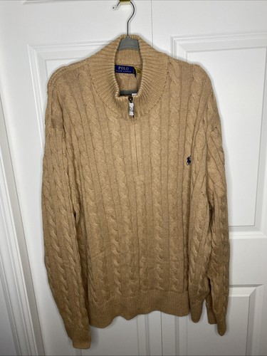 Neu mit Etikett - Polo Ralph Lauren Herren 1/4 Reißverschluss Zopfmuster Baumwolle Pullover: CAMEL - 4XB - Bild 1 von 7