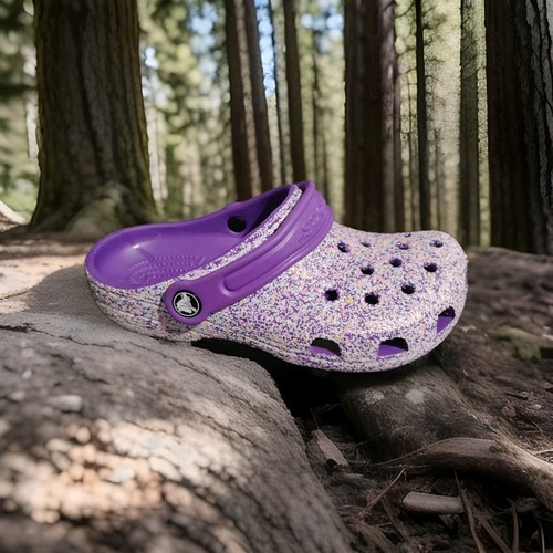 Crocs Classic Glitter Clogs Purple Sparkly Slip On Sandals Shoes Kids Size J3 - Picture 2 of 9