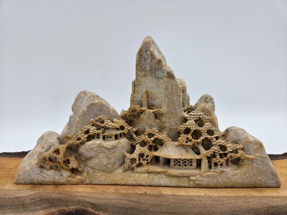 Jabonera china tallada a mano vintage paisaje arte asiático 7 1/2" ancho 4" alto Foto 2 de 4