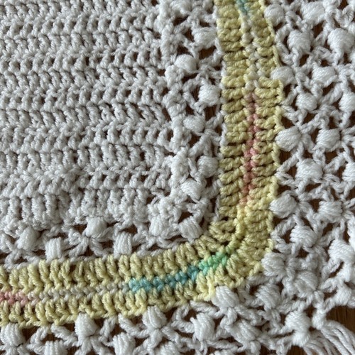 Handmade Crochet Baby Blanket Afghan Pastel White Fringe 34”x36” Swaddle - Picture 3 of 7