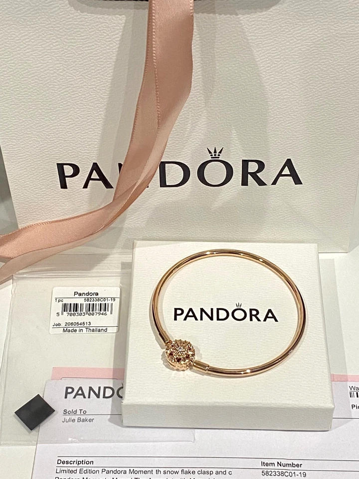 Limited Edition Pandora Moments Funkelnder Schneeflockenverschluss Armreif Rosegold 19 cm