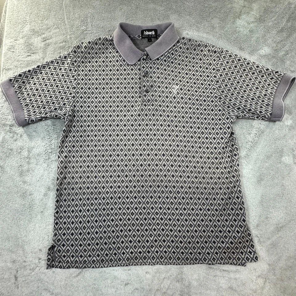 Ashworth Polo Shirt Men's M Gray Geometric Diamond Pattern Golf Vintage USA Made - Image 2 of 4