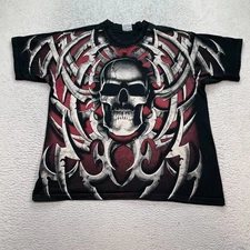 vintage LIQUID BLUE shirt mens large TRIBAL METAL SKULL All Over Print