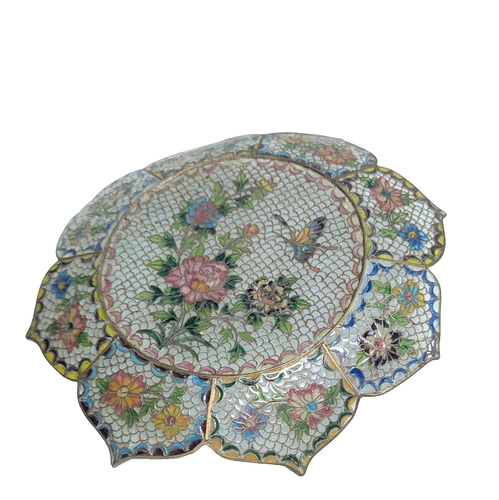 Piatto e supporto cinese Plique A Jour Cloisonne maglia smaltata floreale vintage 8,5" - Foto 4 di 11