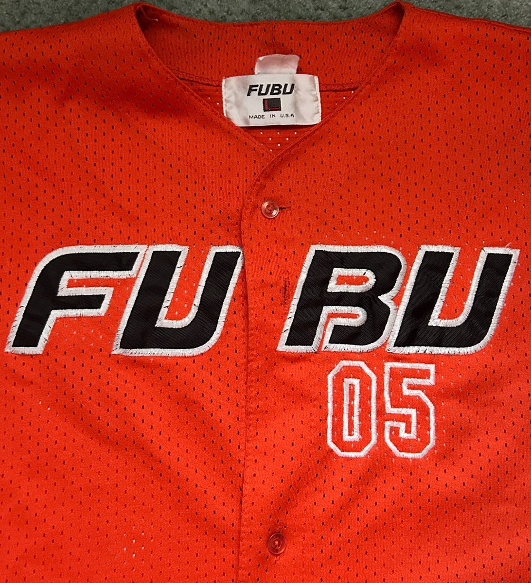 Vintage FUBU 05 Orange Mesh Button Baseball Jersey Urban Hip