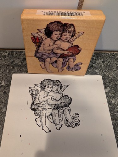 #1849 Angel Pair 1995 Vintage Comotion Wooden Rubber Stamp Cherub Heart - Picture 3 of 9