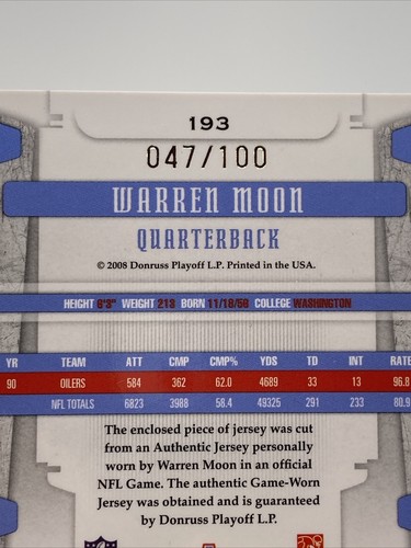 Warren Moon 2008 Leaf Limited Jersey #193 /100 Houston Oilers Legends - Picture 5 of 5