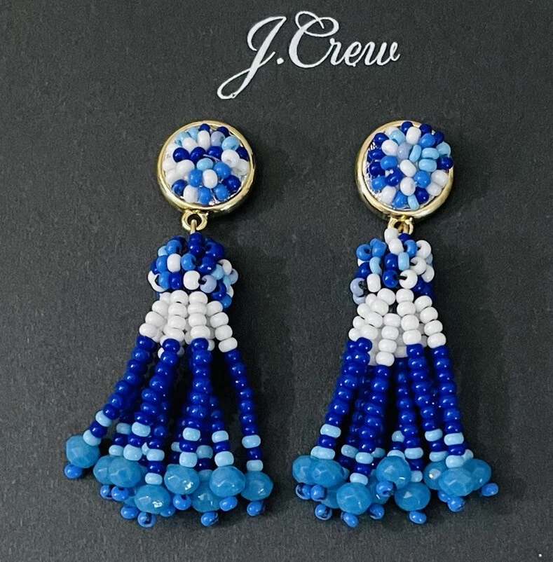 J.Crew Beaded tassel earrings Multi Blue New 38 With J.Crew Bag