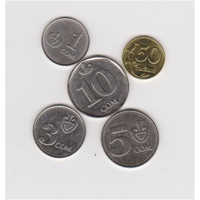 ✔ Kyrgyzstan 1 3 5 10 som 10 50 tyiyn 2008 2014 Unc Set 6 Pcs