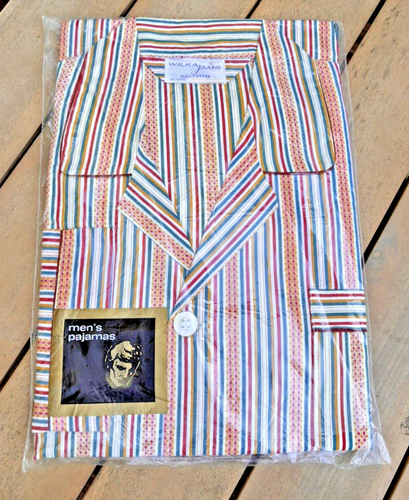Wilkajama Pajamas Cotton Mens Sz L (C) Multicolor on White Striped VTG NIB NOS - Picture 2 of 8