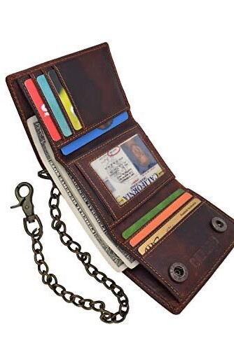 Vintage Brown Leather RFID Blocking Mens Biker Trifold Chain Wallet Trucker - Picture 2 of 10