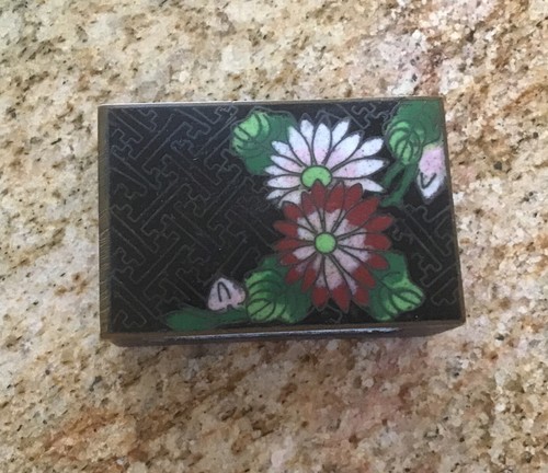 Vintage Brass Cloisonne Enamel Match Box Holder & Dish Black Lotus Flower China - Picture 2 of 8