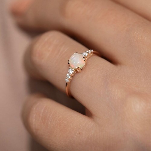 14k gold Finish Silver Natural Opal Diamonds Minimalist Stacking Dainty Ring - Picture 2 of 2