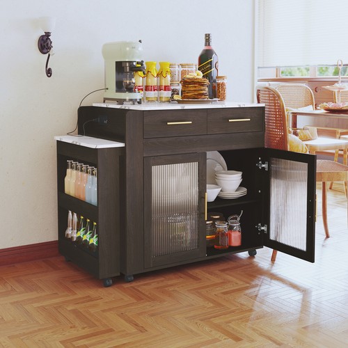 Extendable Kitchen Island on Wheel Rolling Kitchen Island Cart with Power Outlet image