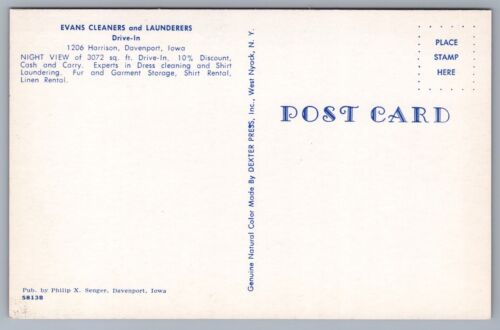 Cartolina Evans Cleaners Launderers Laundromat Night Chrome Davenport Iowa IA H4 - Foto 2 di 2