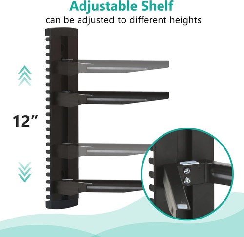 Black Adjustable Wall-Mounted Shelf With Cable Management - 2-Tier Glass For TV - Picture 3 of 7