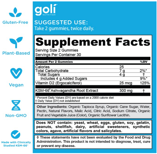 Goli Ashwagandha & Vitamin D Gummy Mixed Berry KSM-66, Vegan, Non-GMO 60 Count - Picture 5 of 9