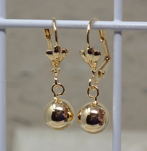 18K Gold Plated Dangling Ball Drop Earrings 8mm - Picture 6 of 6