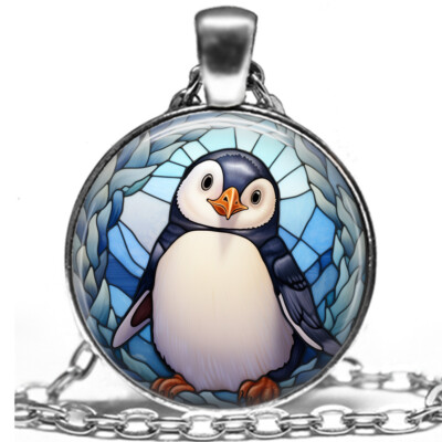 Faux Stained Glass Art Print Baby Penguin Necklace 24'' Penguin Bird Lover Gift