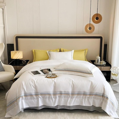 600TC Cotton Embroidery Stripe Blue Gray Soft Duvet Cover Bed Sheet  Bedding Set - Picture 7 of 19