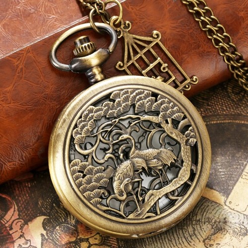 Retro Crane Animal Case Unisex Quartz Analog Pocket Watch Necklace Chain Gifts - Picture 6 of 8