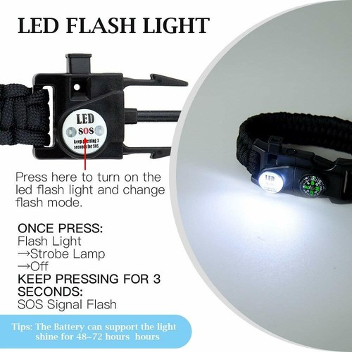 Paracord Survival Bracelet Fire Starter, Compass Whistle SOS Led Light, USA SHIP - Picture 10 of 12