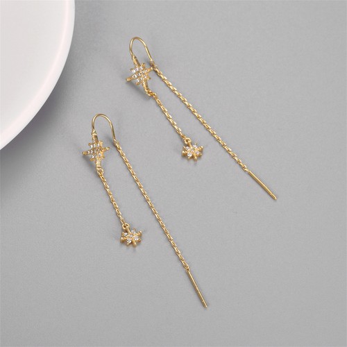 Gold on Sterling Silver Paved CZ Pole Star Chain Drop Pull Through Earrings - Picture 10 of 10