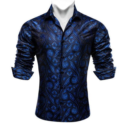 Mens Dress Silk Shirt Long Sleeve Red Blue Paisley Casual Button Down Shirts 3XL - Picture 32 of 42