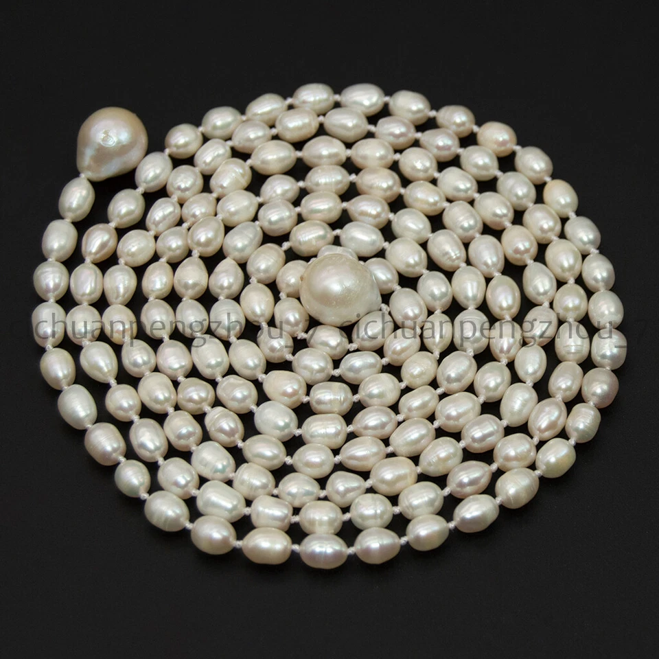 Colar longo real natural 7-8mm pingente de pérola barroca arroz branco Lariat - Imagem 4 de 4